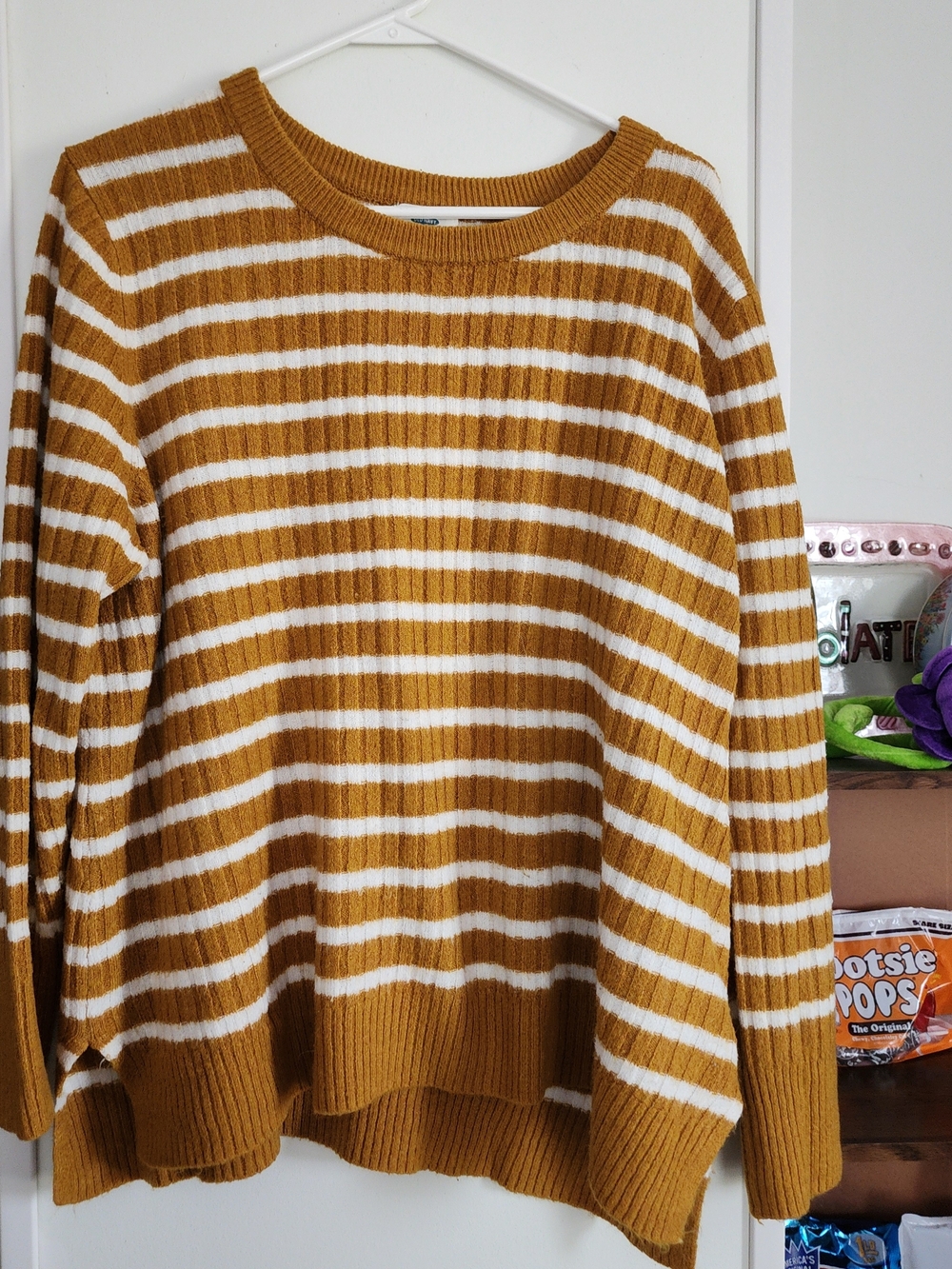 Old Navy Mustard and White Striped Crewneck Sweater